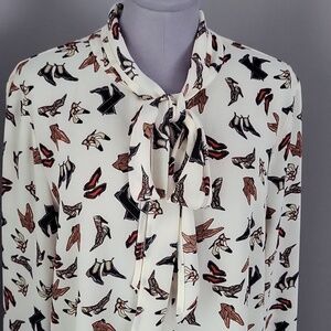 Vintage Cartise Shoe Print Tie Neck Bow Blouse Gold Rectangle Buttons